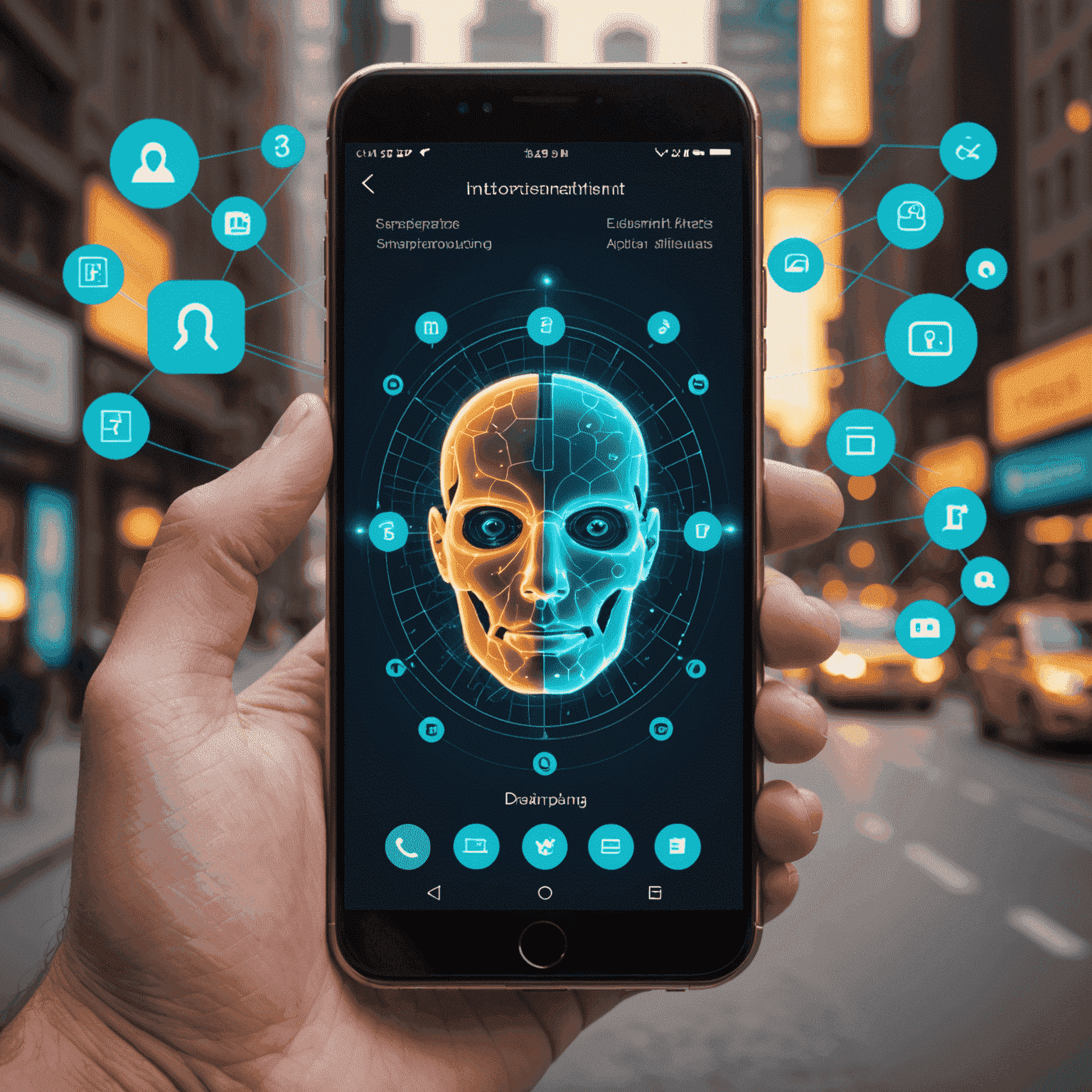 صورة توضيحية لتطبيقات الهواتف الذكية الحديثة تعرض واجهات مستخدم متطورة وتقنيات الذكاء الاصطناعي